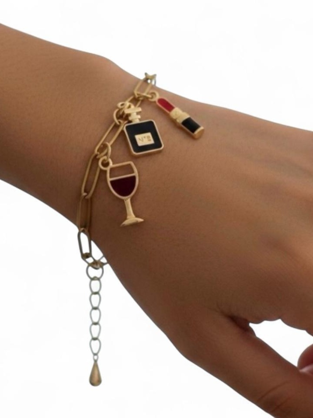 Stainless Steel Charm Bracelet Wine, Perfume, Lipstick Charms